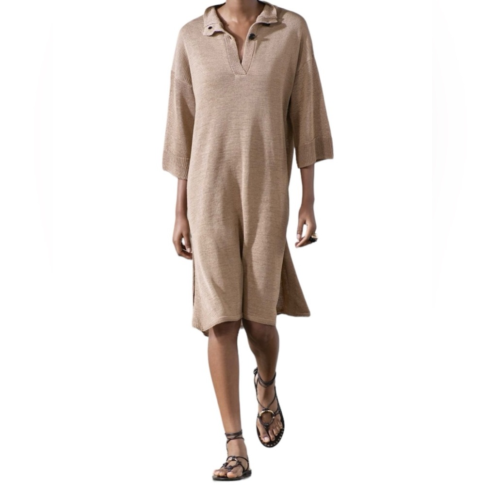 ZARA NWT Small Knit Brown Taupe Tunic Dress Wide Sleeves Button Front Brown